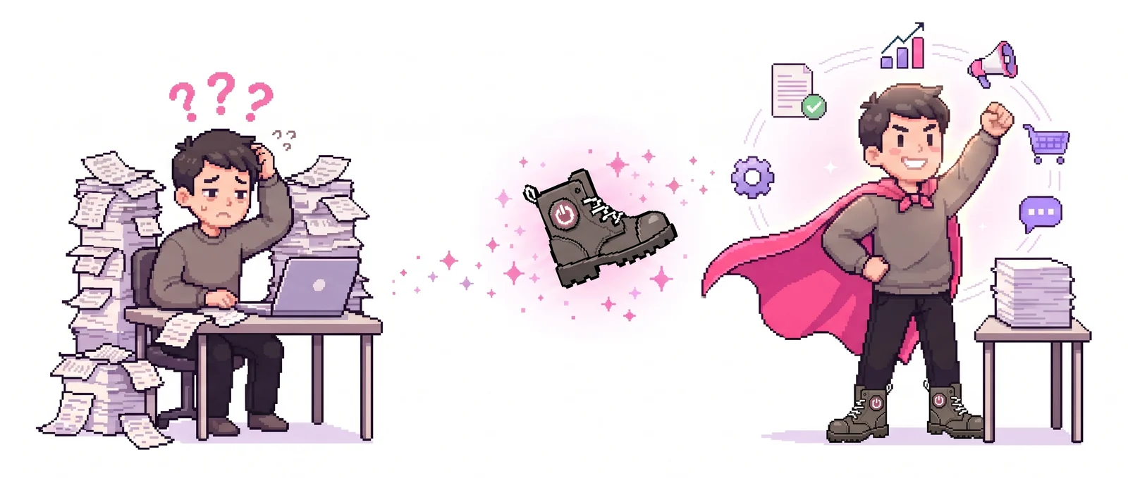 Pixel art: a tired person buried in paperwork becomes, with the help of a flying boot, a confident person in a pink cape surrounded by tidy icons.
